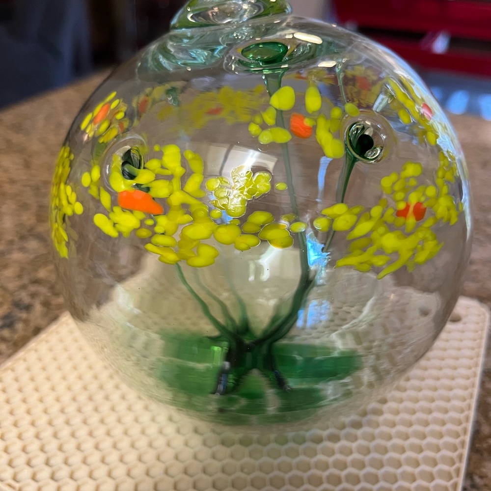 Handcrafted Glass Art Sphere with Yellow and Green Floral Design